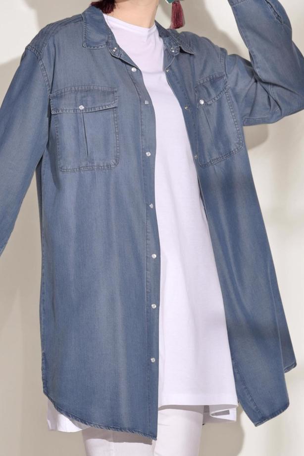 Tesettür giyim  T 9126 Magazin- İşleme Detaylı Denim Tunik - TRENDTESETTÜR