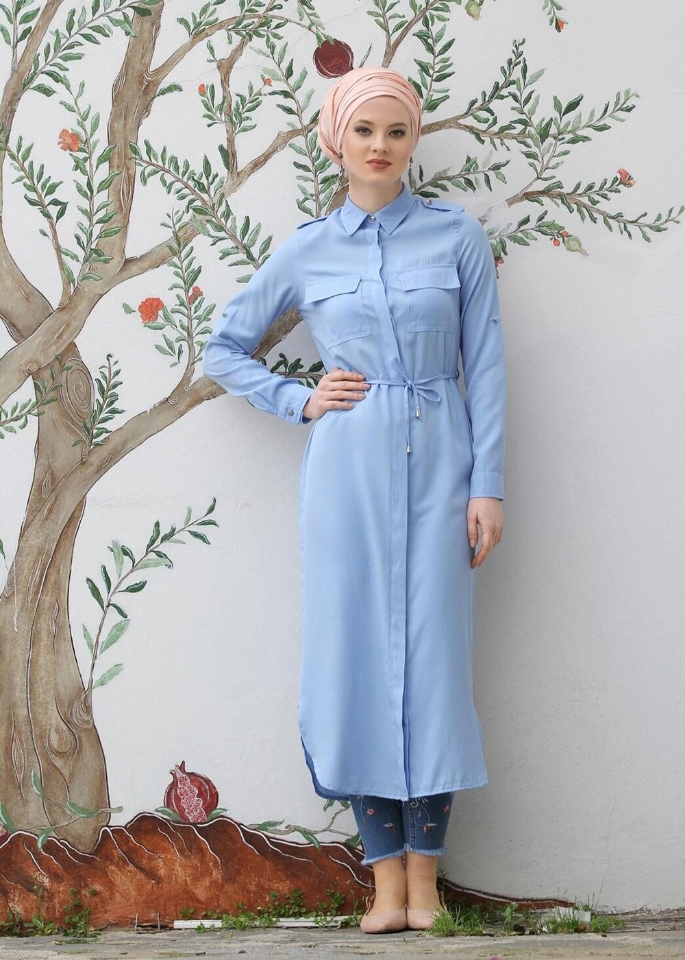 Hijab clothing BLUE POCKET DETAILED LONG TUNIC 9207 