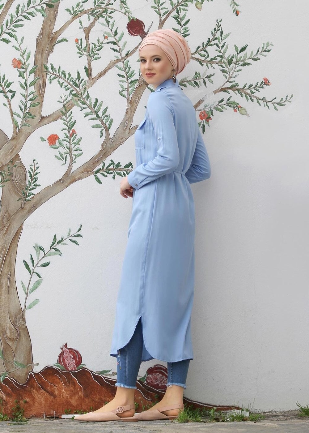 Hijab clothing BLUE POCKET DETAILED LONG TUNIC 9207 