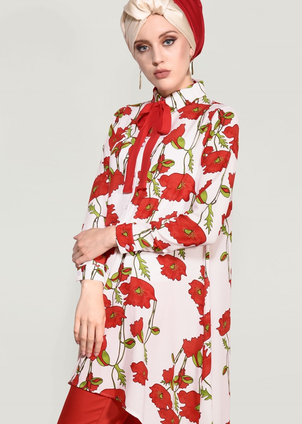 Vêtements hijab CRÈME TUNIQUE FLORALE 9503