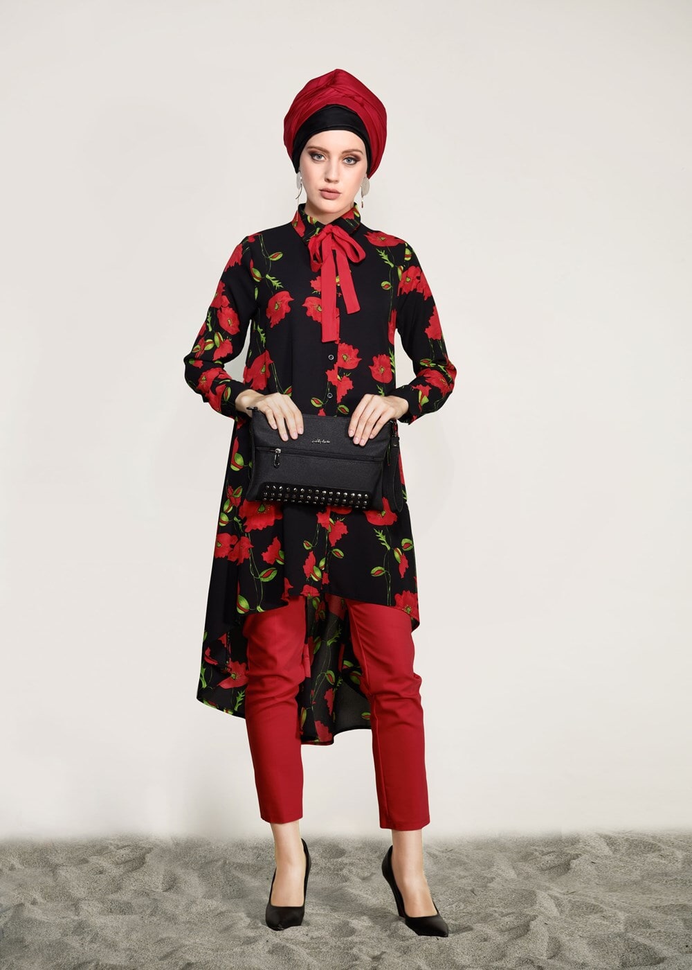 Vêtements hijab ROUGE BORDEAUX TUNIQUE FLORALE 9503