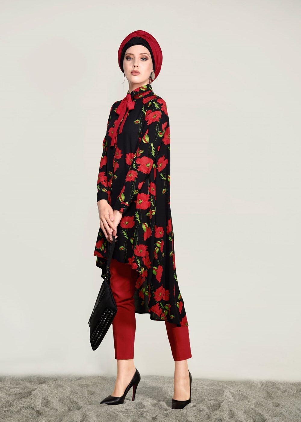 Vêtements hijab ROUGE BORDEAUX TUNIQUE FLORALE 9503