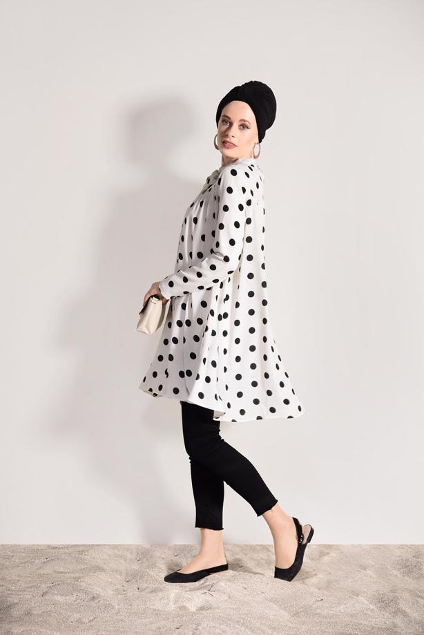 Tesettür giyim  T 9571 Zamane- Puantiye Desenli Tunik - TRENDTESETTÜR