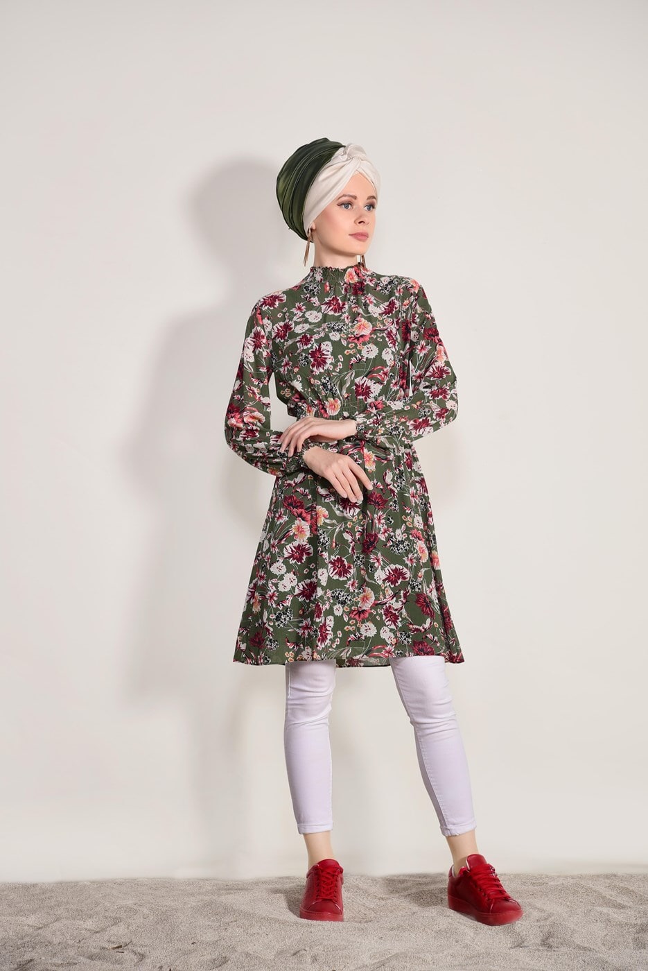 Hijab clothing KHAKI  FLORAL TUNIC 9586