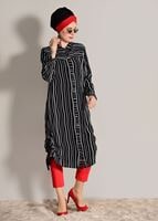 Tesettür giyim SİYAH T 9685 Asmiray- Çizgili Uzun Tunik