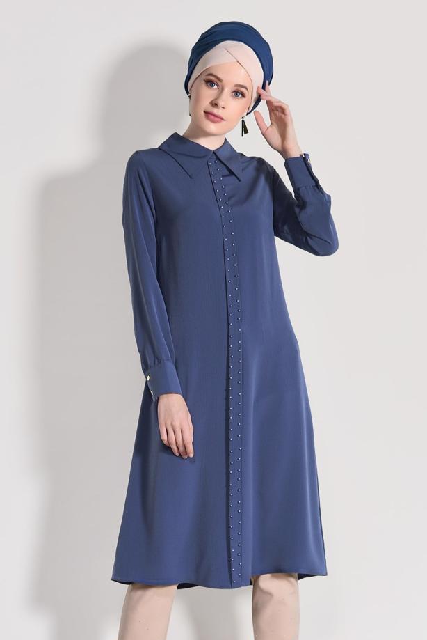 Tesettür giyim  ERKEK YAKA UZUN TUNİK 9825  - TRENDTESETTÜR