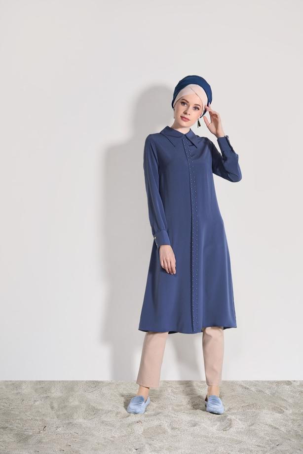 Tesettür giyim  ERKEK YAKA UZUN TUNİK 9825  - TRENDTESETTÜR