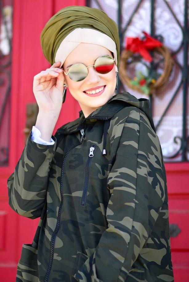 Hijab clothing  Zippered Camouflage Trench Coat T 70014-1 - TRENDTESETTÜR