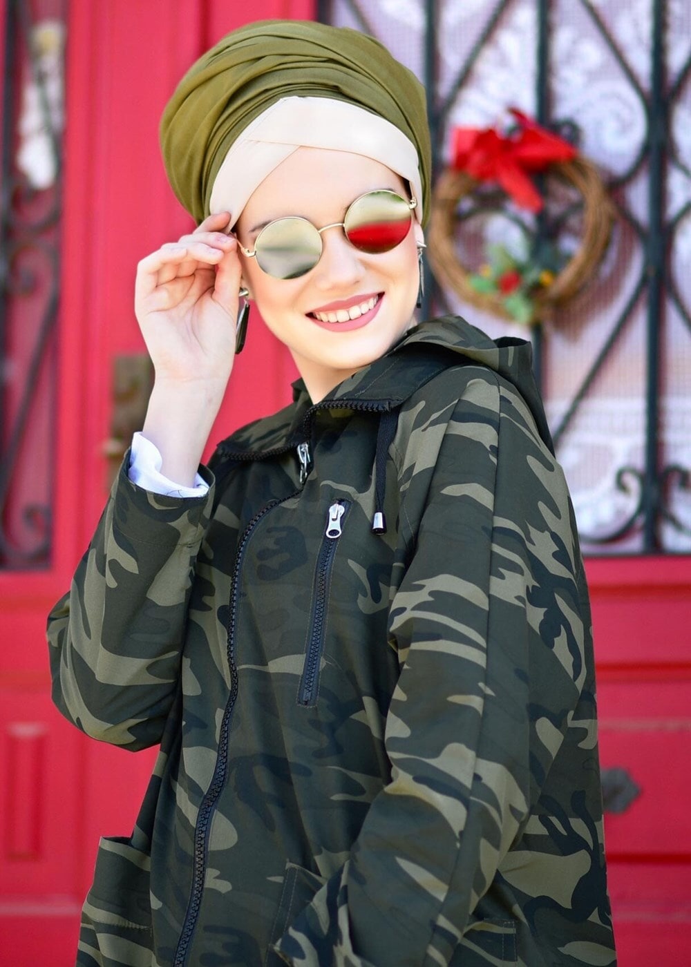 Hijab clothing KHAKI Zippered Camouflage Trench Coat T 70014-1