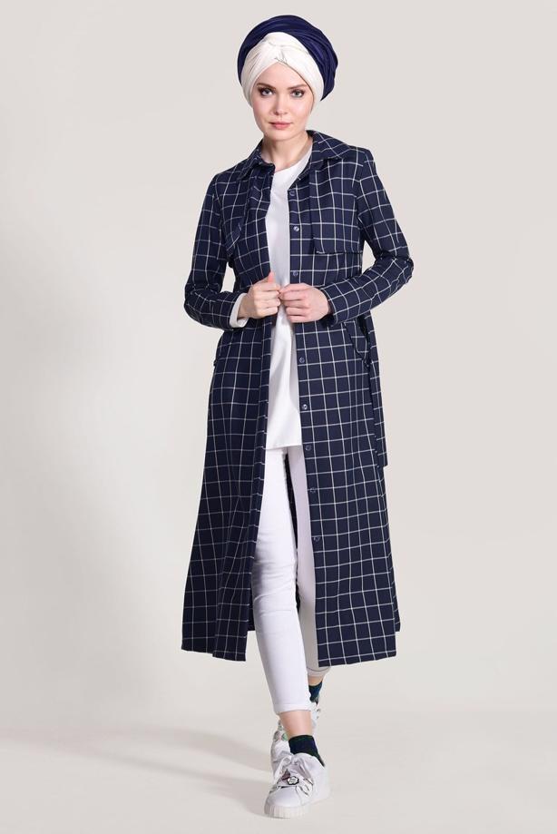 Vêtements hijab  CHECKED TRENCH COAT 3307-1  - TRENDTESETTÜR