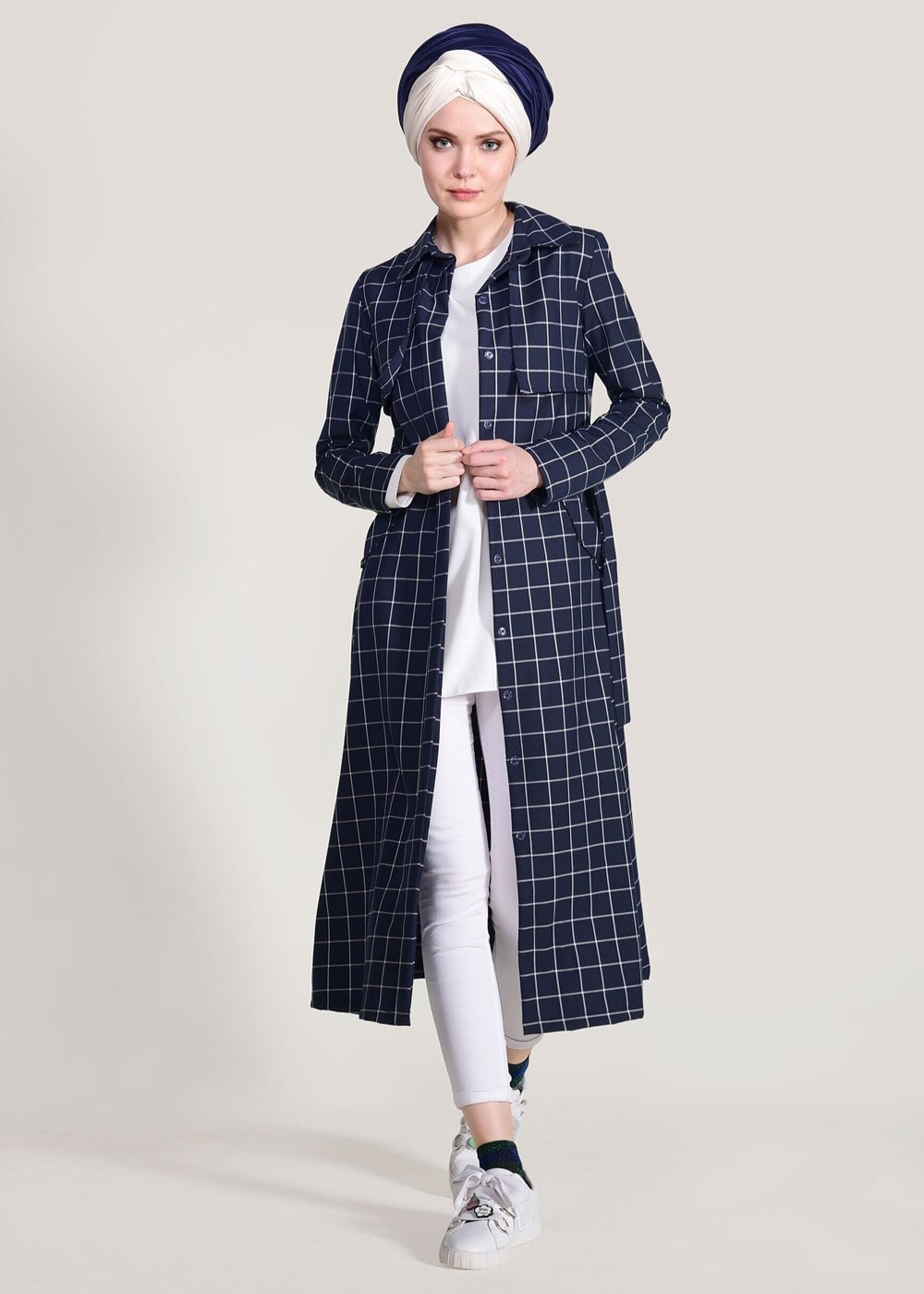 Vêtements hijab BLEU MARINE TRENCH À CARREAUX 3307-1