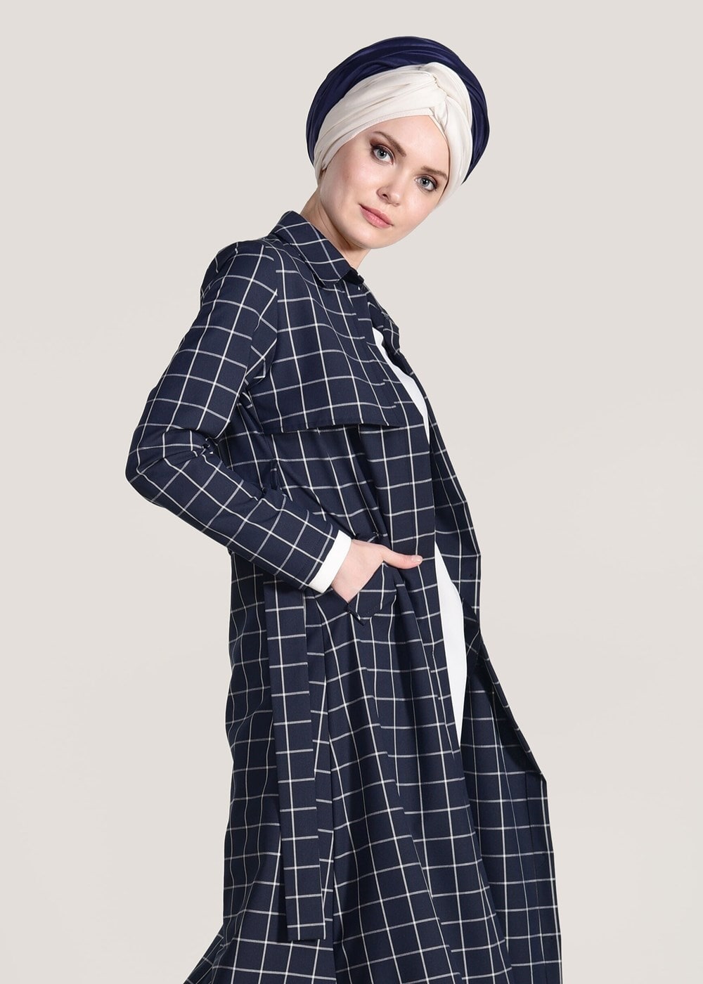Vêtements hijab BLEU MARINE TRENCH À CARREAUX 3307-1