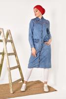 Tesettür giyim MAVİ ÖNDEN ÇITÇITLI İNCİ DETAYLI TRENÇKOT T 31261