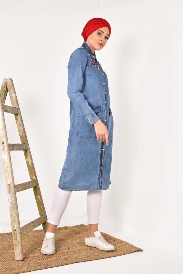 Tesettür giyim  ÖNDEN ÇITÇITLI İNCİ DETAYLI TRENÇKOT T 31261 - TRENDTESETTÜR