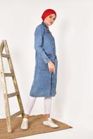 Tesettür giyim MAVİ ÖNDEN ÇITÇITLI İNCİ DETAYLI TRENÇKOT T 31261