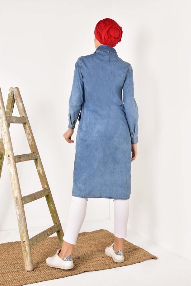 Tesettür giyim  ÖNDEN ÇITÇITLI İNCİ DETAYLI TRENÇKOT T 31261 - TRENDTESETTÜR