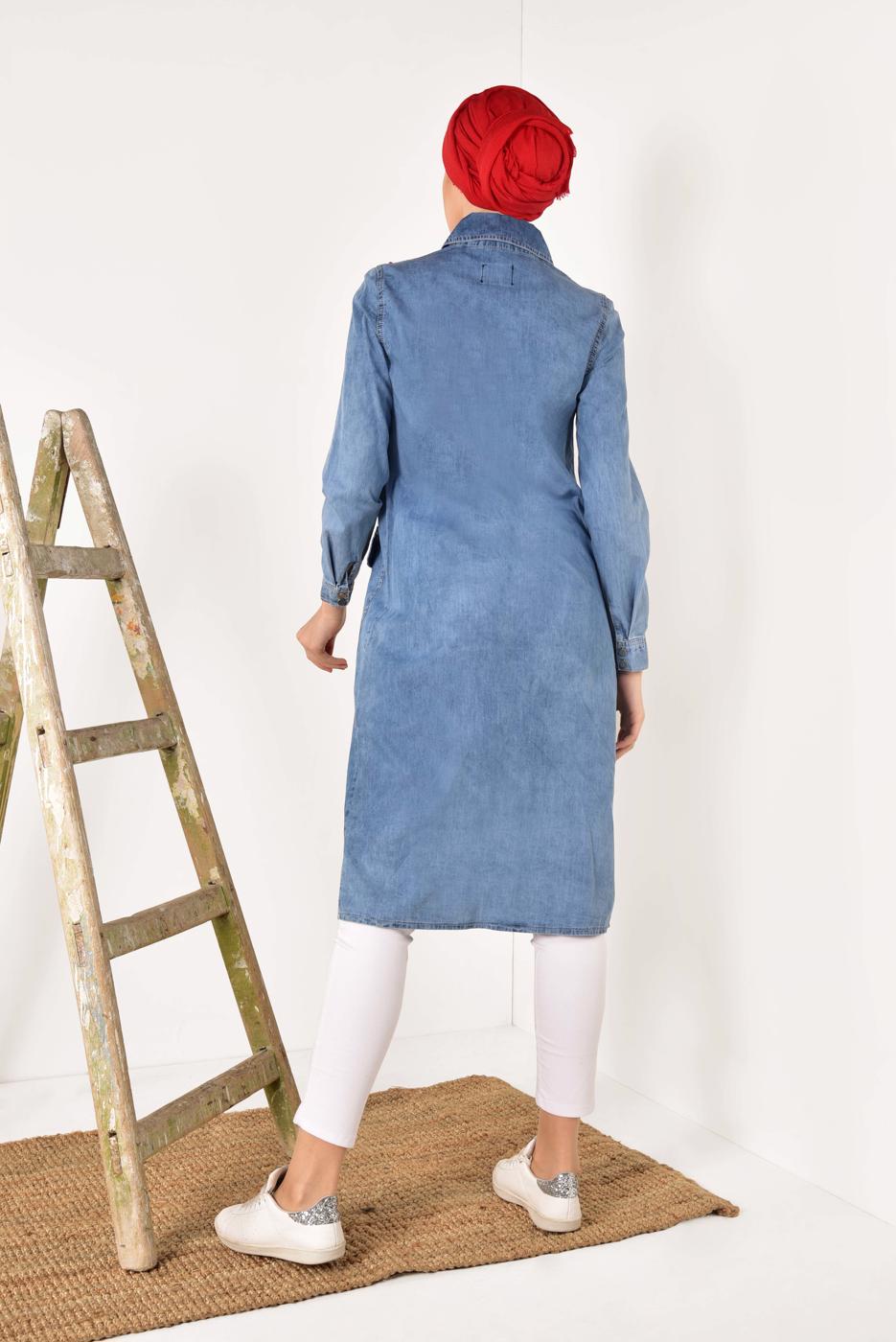 Tesettür giyim MAVİ ÖNDEN ÇITÇITLI İNCİ DETAYLI TRENÇKOT T 31261