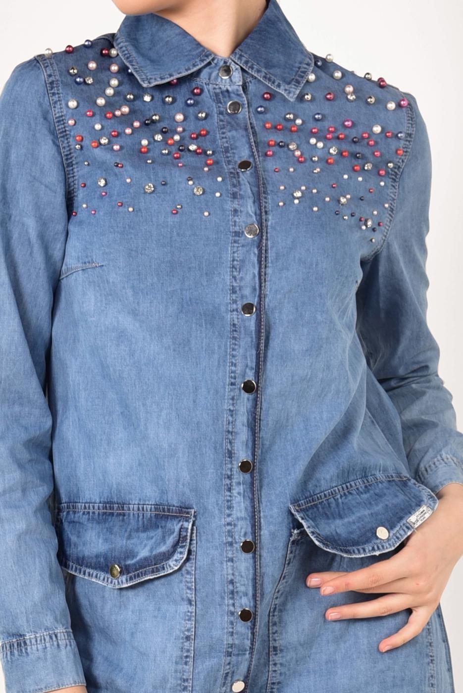 Tesettür giyim MAVİ ÖNDEN ÇITÇITLI İNCİ DETAYLI TRENÇKOT T 31261