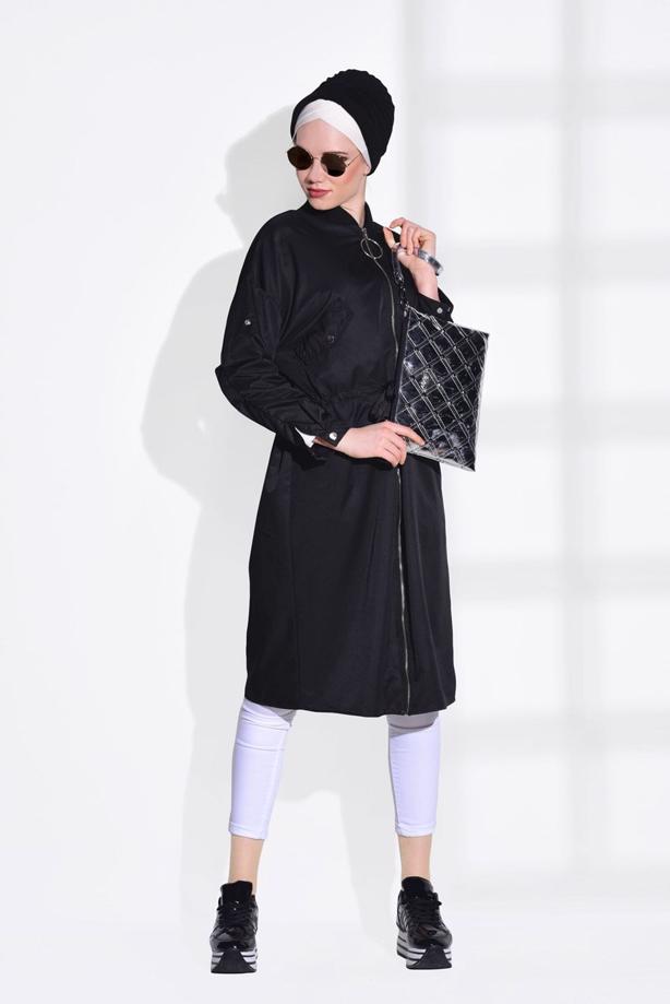 Hijab clothing  POCKET DETAILED SHIRRED AT THE WAIST TRENCH COAT 61014   - TRENDTESETTÜR