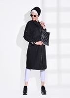 Hijab clothing BLACK POCKET DETAILED SHIRRED AT THE WAIST TRENCH COAT 61014  