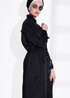 Hijab clothing BLACK POCKET DETAILED SHIRRED AT THE WAIST TRENCH COAT 61014  