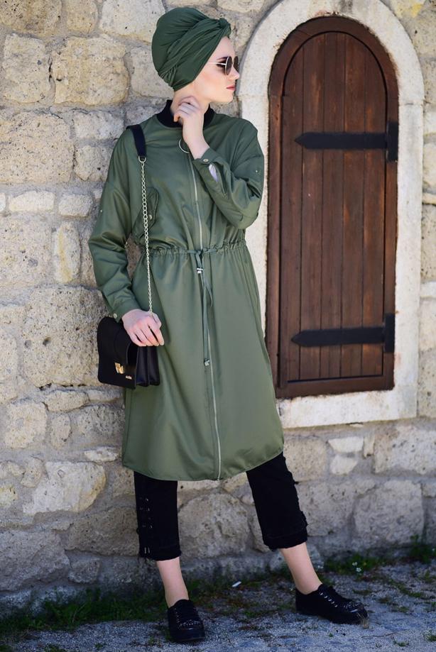 Hijab clothing  POCKET DETAILED SHIRRED AT THE WAIST TRENCH COAT 61014   - TRENDTESETTÜR