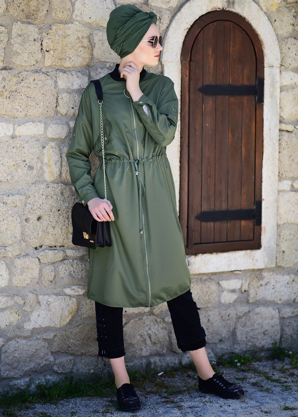 Tesettür giyim HAKİ CEP DETAYLI BELİ BÜZGÜLÜ TRENÇKOT 61014 