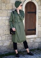 Tesettür giyim HAKİ CEP DETAYLI BELİ BÜZGÜLÜ TRENÇKOT 61014 