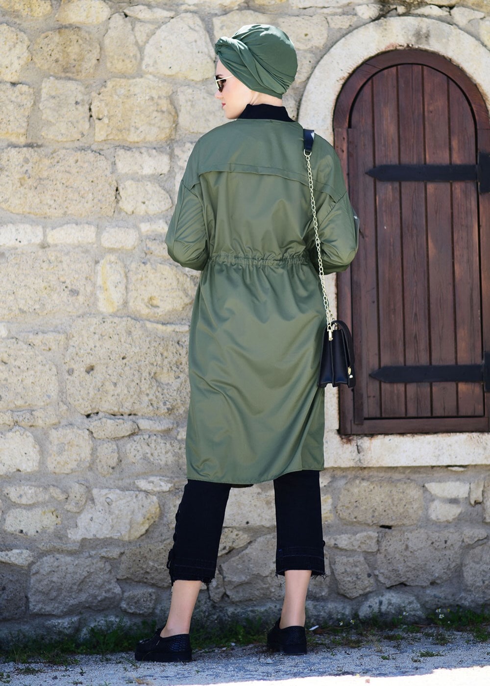 Tesettür giyim HAKİ CEP DETAYLI BELİ BÜZGÜLÜ TRENÇKOT 61014 