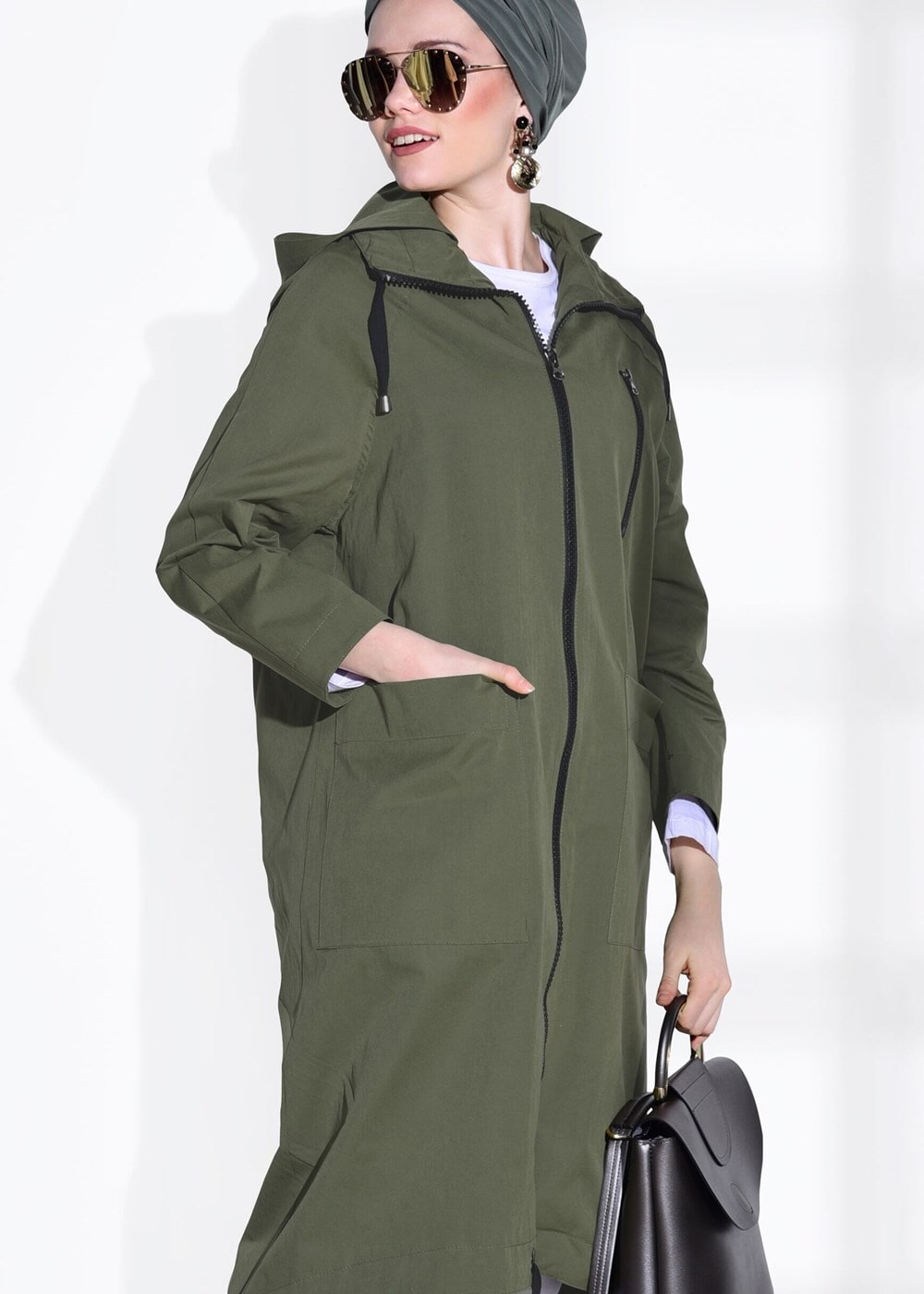 Hijab clothing KHAKI POCKET DETAILED TRENCH COAT 70014 
