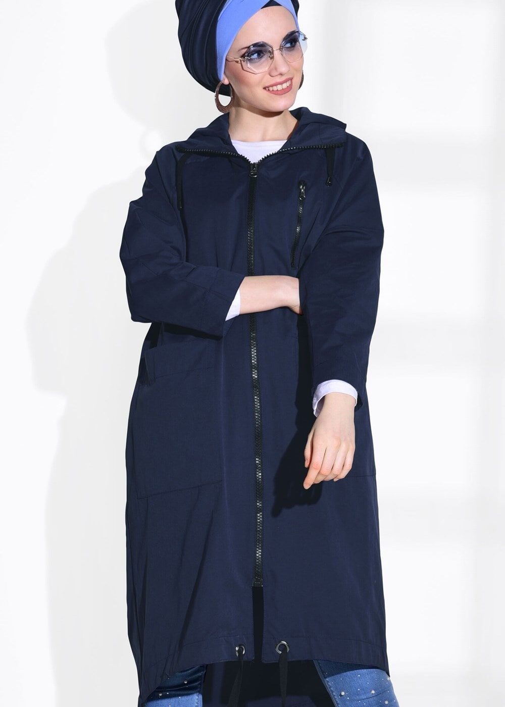 Hijab clothing NAVY BLUE POCKET DETAILED TRENCH COAT 70014 