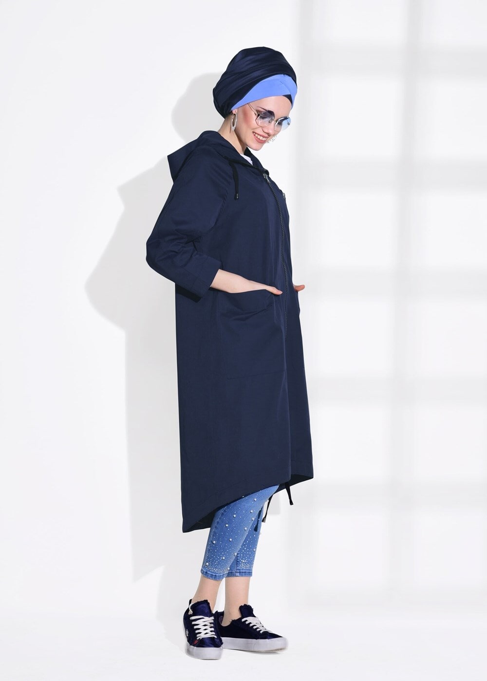 Hijab clothing NAVY BLUE POCKET DETAILED TRENCH COAT 70014 