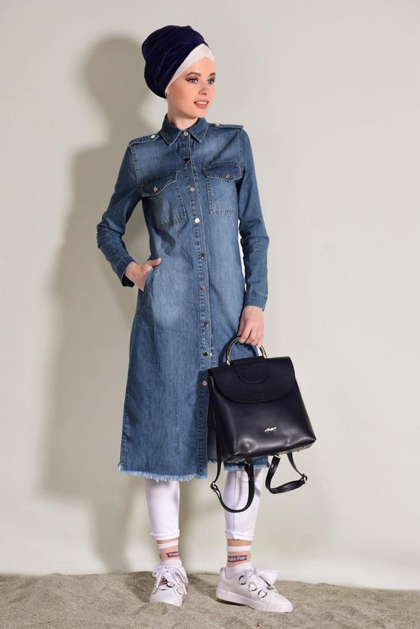 Hijab-Kleidung  BOYDAN ÇIT ÇITLI DENİM TRENÇKOT 0108 - TRENDTESETTÜR
