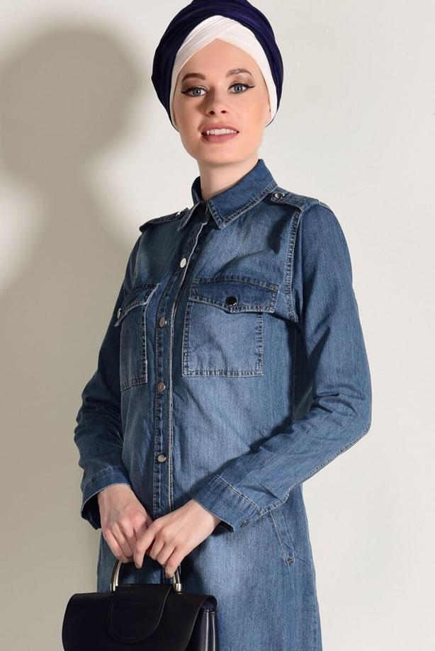 Hijab-Kleidung  BOYDAN ÇIT ÇITLI DENİM TRENÇKOT 0108 - TRENDTESETTÜR