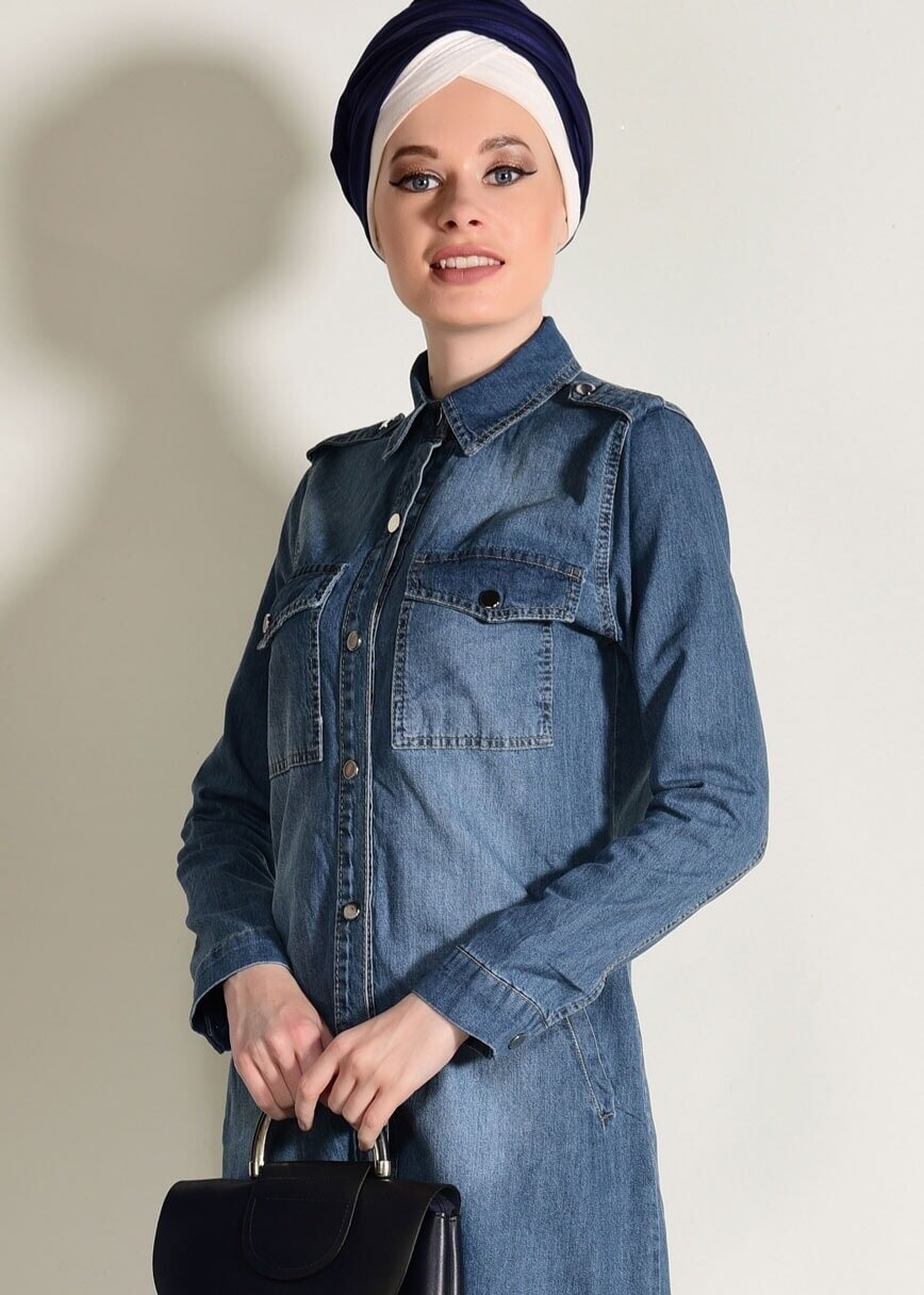 Tesettür giyim MAVİ BOYDAN ÇIT ÇITLI DENİM TRENÇKOT 0108