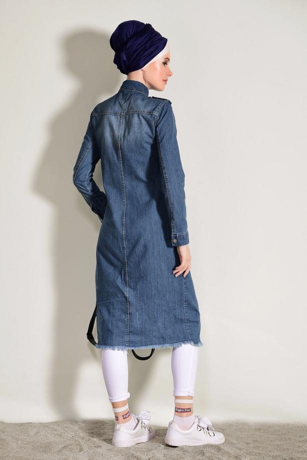 Hijab-Kleidung  BOYDAN ÇIT ÇITLI DENİM TRENÇKOT 0108 - TRENDTESETTÜR