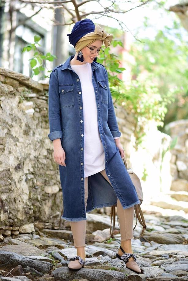 Vêtements hijab  DENIM TRENCH COAT WITH SNAPS T 0108   - TRENDTESETTÜR