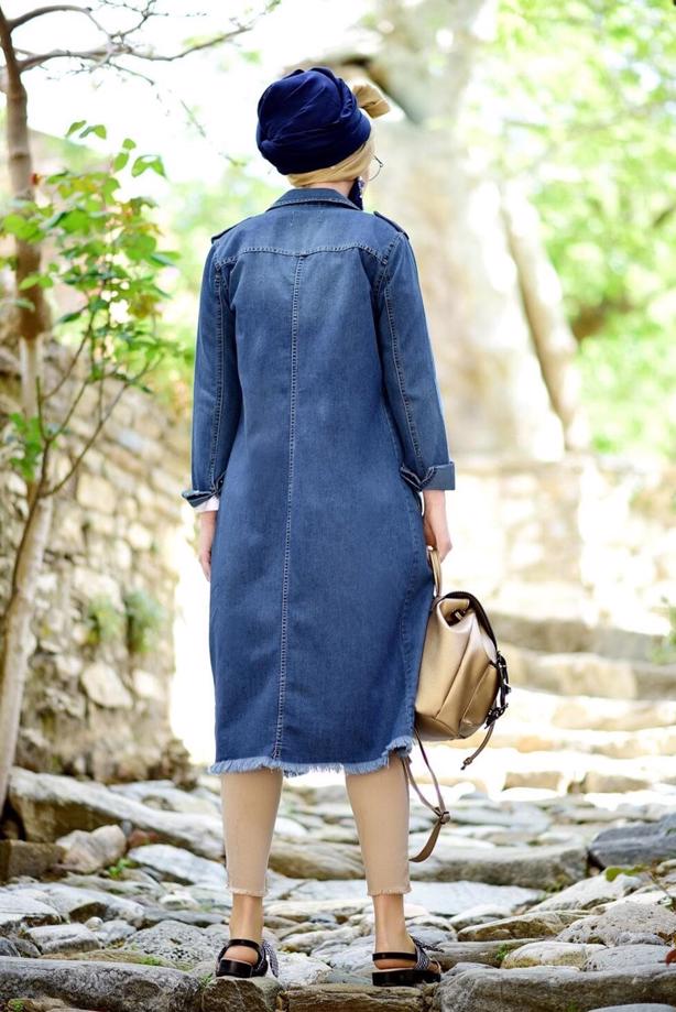 Vêtements hijab  DENIM TRENCH COAT WITH SNAPS T 0108   - TRENDTESETTÜR