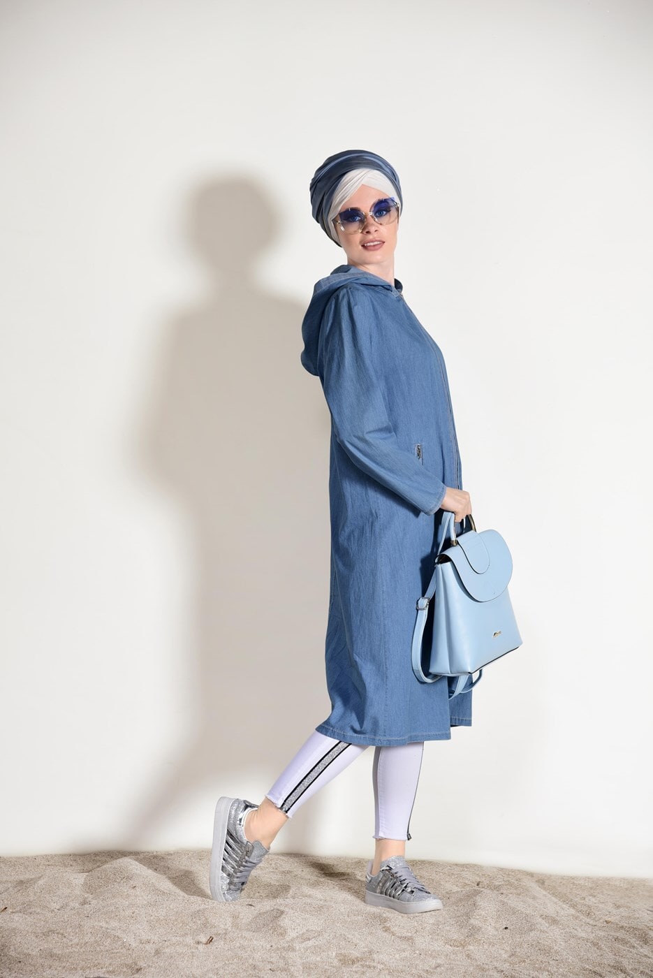 Tesettür giyim LACİVERT FERMUAR DETAYLI DENİM TRENÇKOT T 245