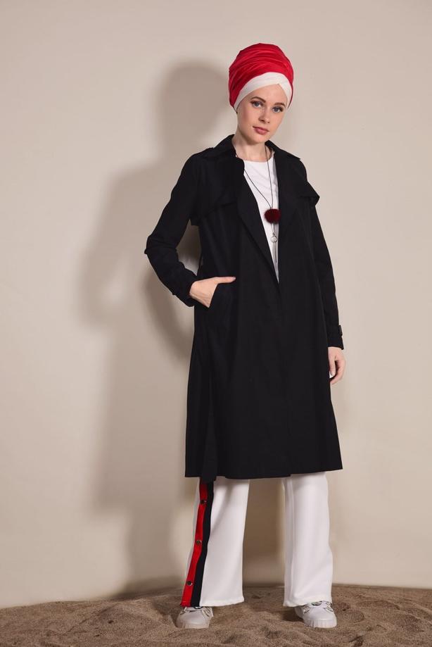 Tesettür giyim  KRUVAZE YAKA CEP DETAYLI TRENÇKOT 0876  - TRENDTESETTÜR