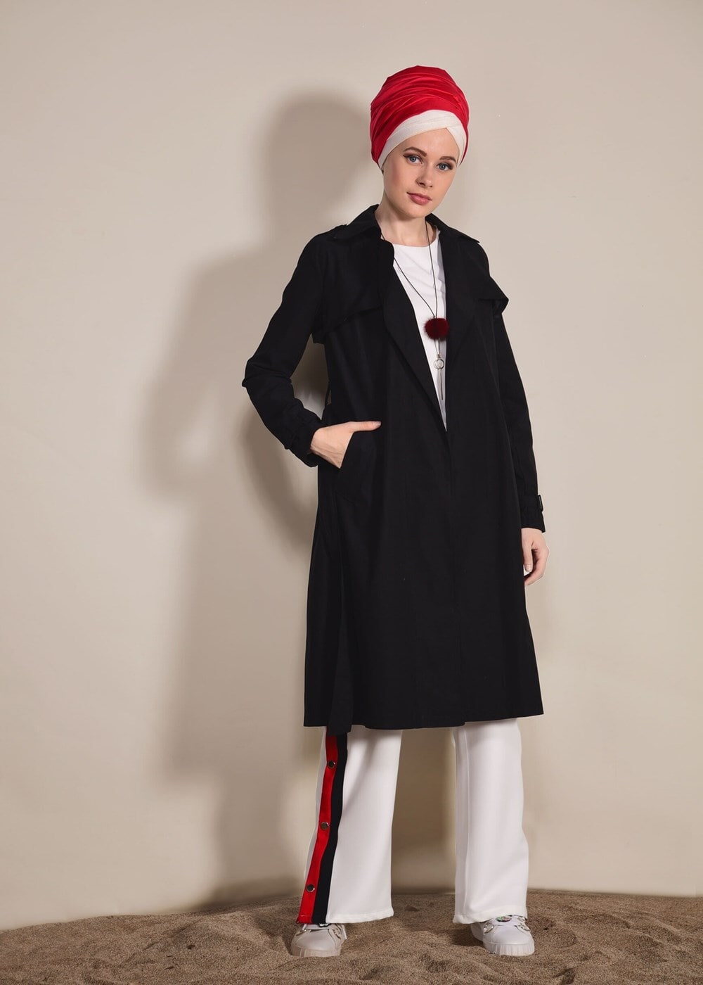 Hijab clothing BLACK Double Breasted Collar Pocket Detailed Trench Coat T 0876 