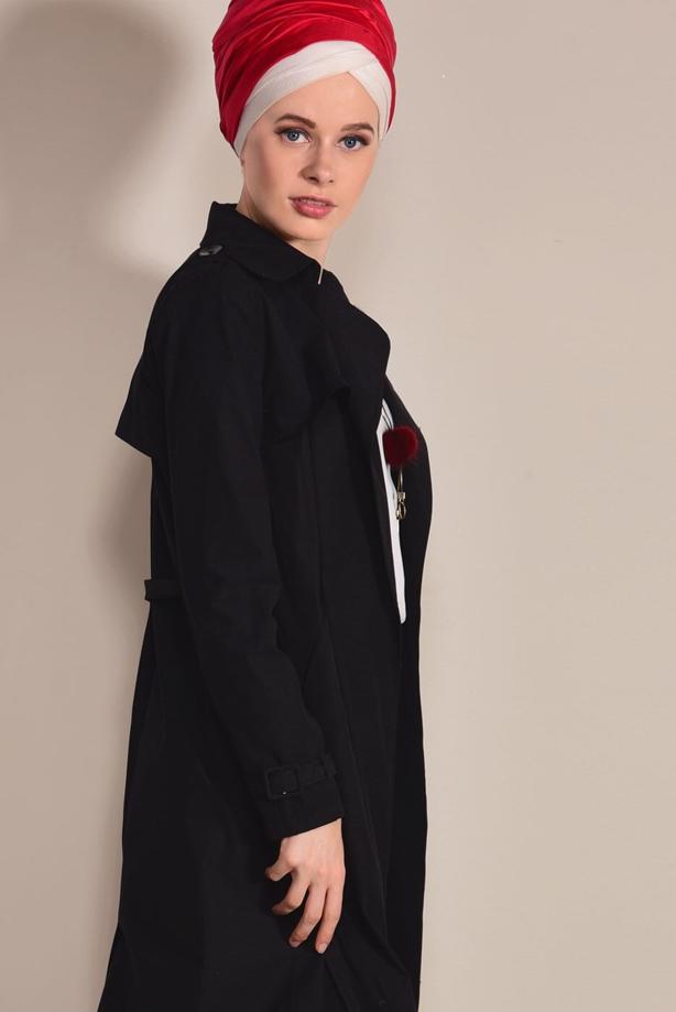 Tesettür giyim  KRUVAZE YAKA CEP DETAYLI TRENÇKOT 0876  - TRENDTESETTÜR