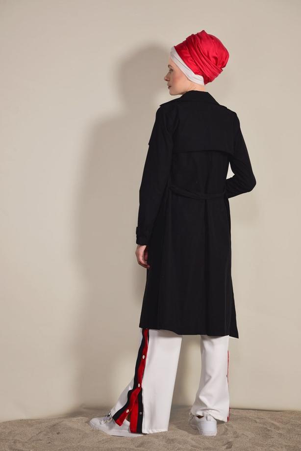 Tesettür giyim  KRUVAZE YAKA CEP DETAYLI TRENÇKOT 0876  - TRENDTESETTÜR