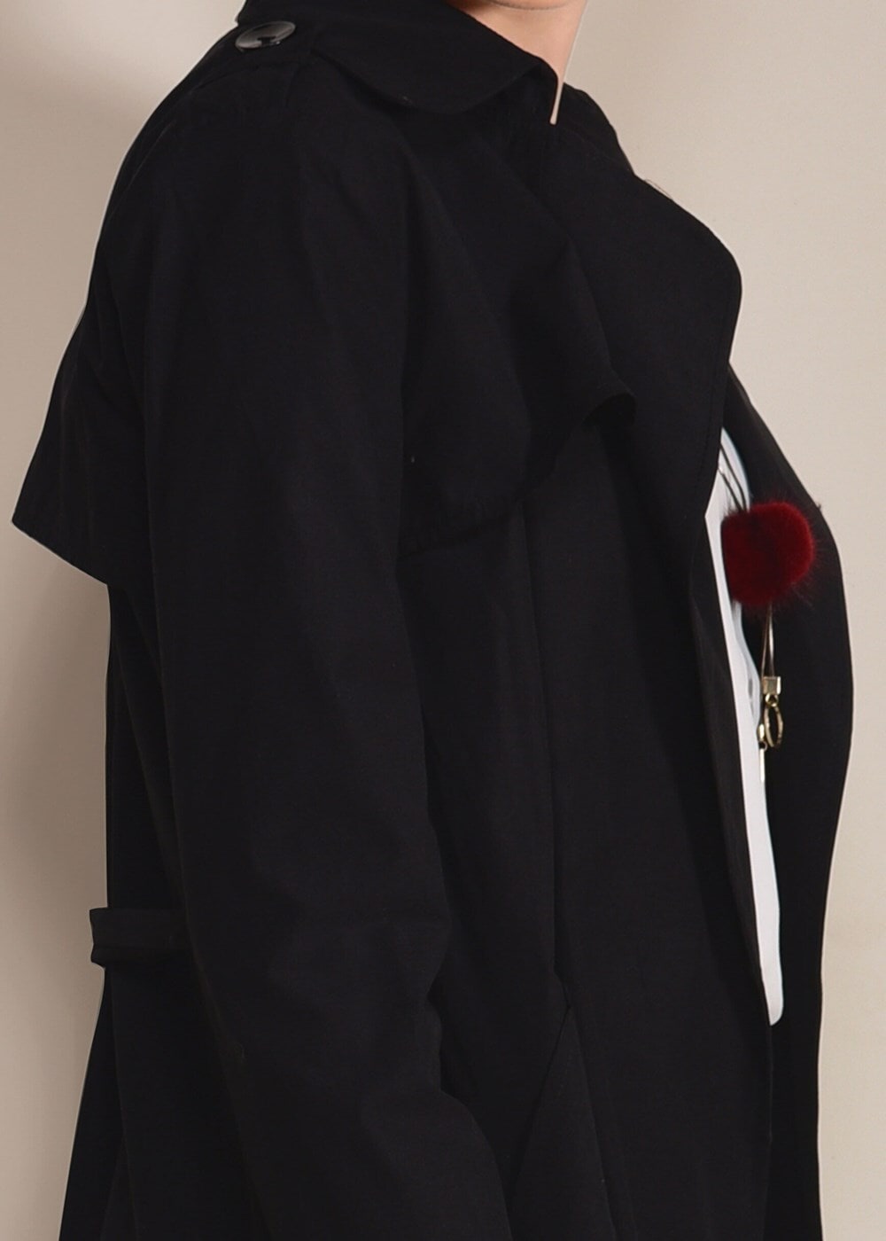 Hijab clothing BLACK Double Breasted Collar Pocket Detailed Trench Coat T 0876 