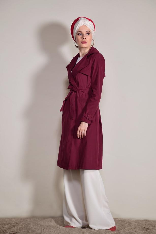 Tesettür giyim  KRUVAZE YAKA CEP DETAYLI TRENÇKOT 0876  - TRENDTESETTÜR