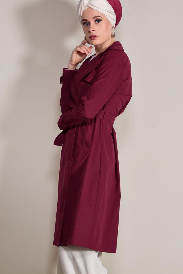 Tesettür giyim  KRUVAZE YAKA CEP DETAYLI TRENÇKOT 0876  - TRENDTESETTÜR