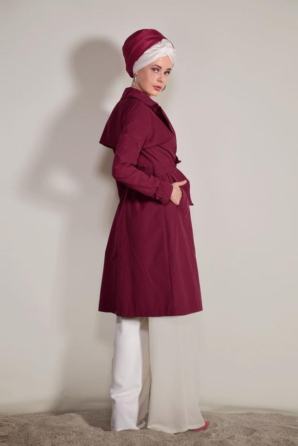 Tesettür giyim  KRUVAZE YAKA CEP DETAYLI TRENÇKOT 0876  - TRENDTESETTÜR