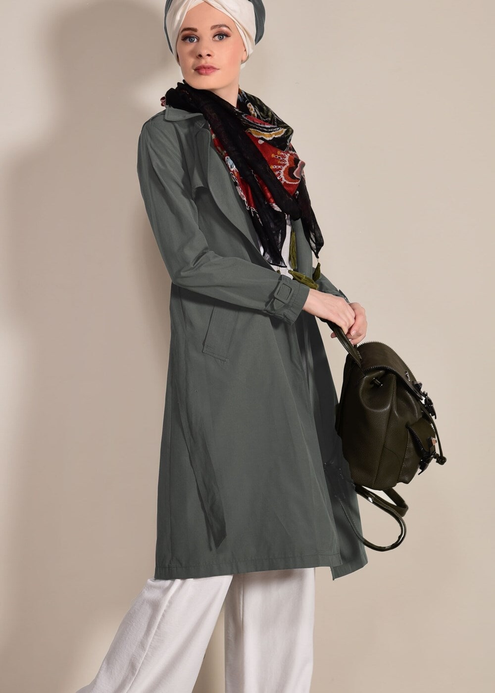 Hijab clothing KHAKI Double Breasted Collar Pocket Detailed Trench Coat T 0876 