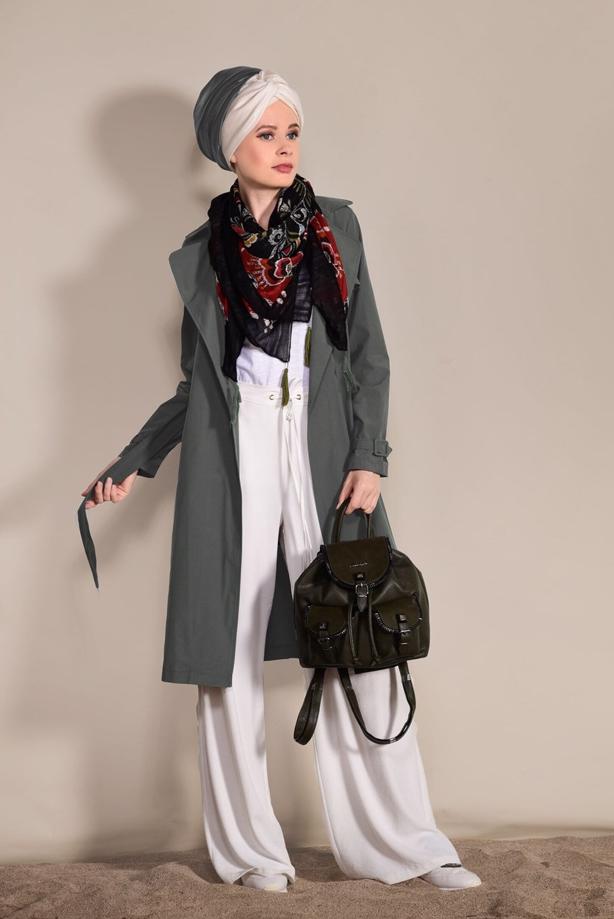 Tesettür giyim  KRUVAZE YAKA CEP DETAYLI TRENÇKOT 0876  - TRENDTESETTÜR