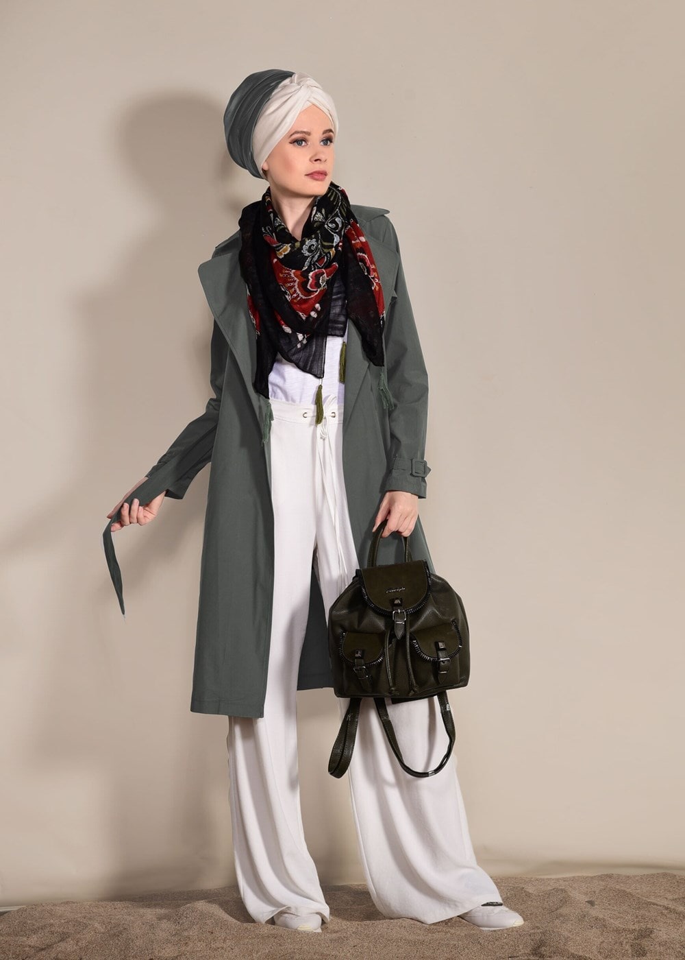 Hijab clothing KHAKI Double Breasted Collar Pocket Detailed Trench Coat T 0876 